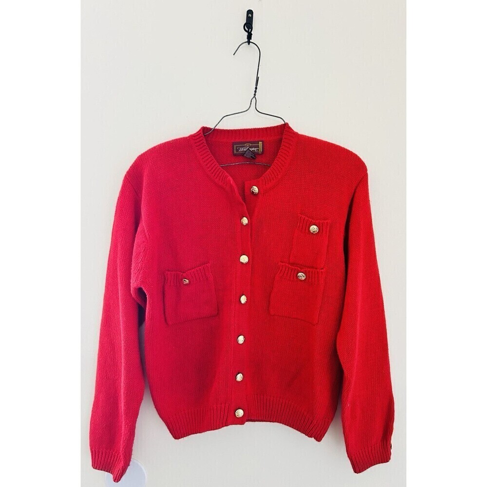 Vintage 90s Worthington Fire Engine Red Gold Button Up Cardigan Petite Sz Med